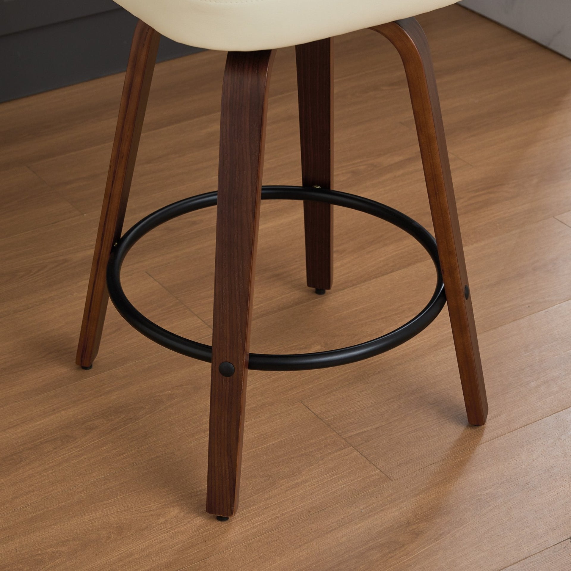 Swivel Bar Stools Set of 2, 26' Upholstered Faux Leather Counter Height Barstools with Walnut Back & Bentwood Legs, Mid Century Modern Bar Chairs Island Stools for Kitchen Counter, Beige PU, SW1864BG