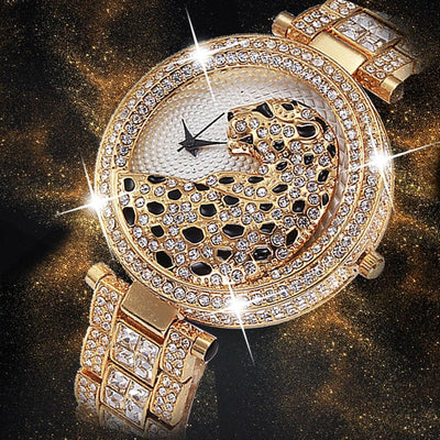 MISSFOX V227 Women Quartz Watch Fashion Bling Casual Ladies Watch Female Quartz Gold Watch Crystal Diamond Leopard For Women Clock