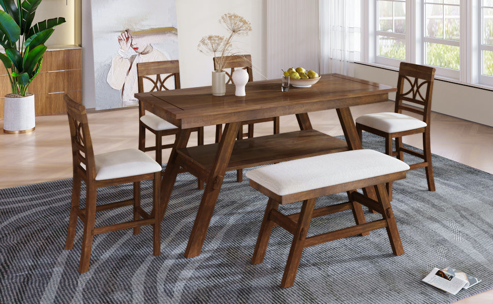 6-Piece Wood Counter Height Dining Table Set with Storage Shelf, Kitchen Table Set with Bench and 4 Chairs,Rustic Style, Walnut+Beige Cushion