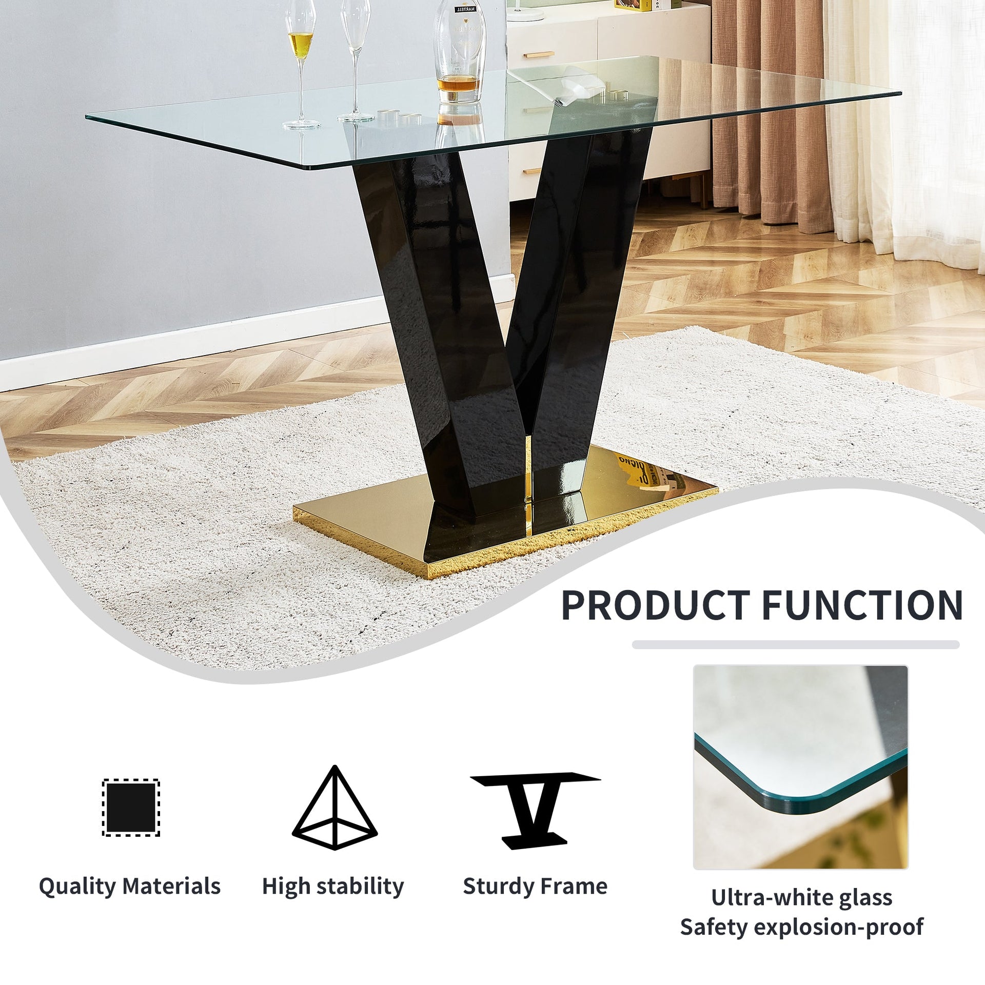 Large Modern Minimalist Rectangular Glass Dining Table for 6-8 with 0.4