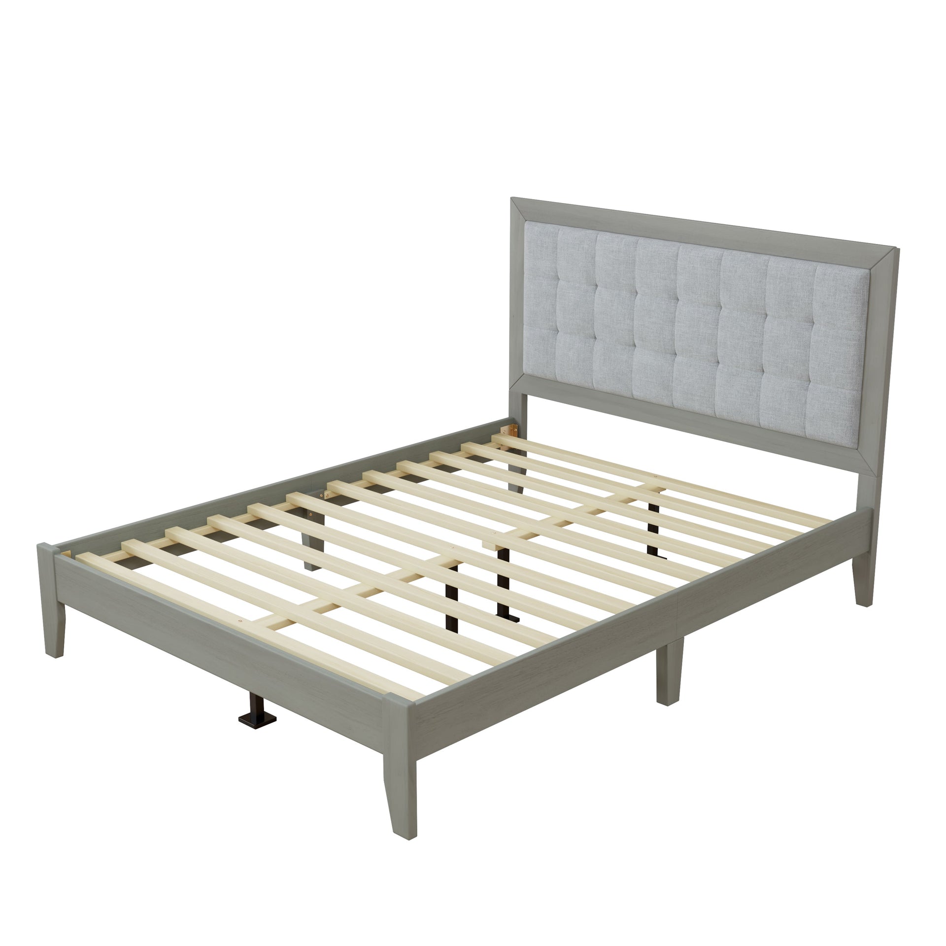 Mid-Century Modern Solid Wood Platform Bed with Upholstered Headboard in Grey, Rubber Wood, Queen Size