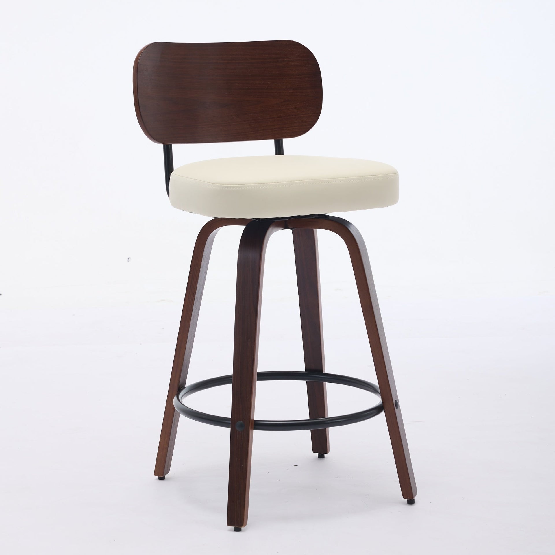 Swivel Bar Stools Set of 2, 26' Upholstered Faux Leather Counter Height Barstools with Walnut Back & Bentwood Legs, Mid Century Modern Bar Chairs Island Stools for Kitchen Counter, Beige PU, SW1864BG