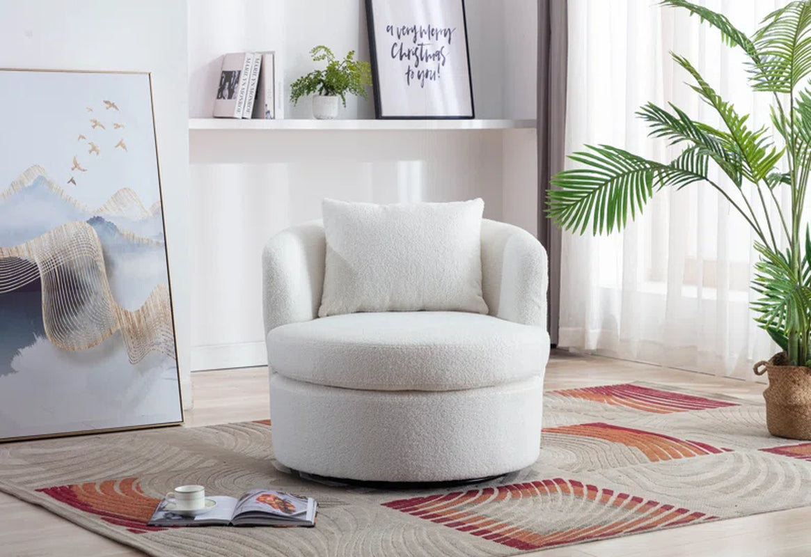 Nahjee Lyquinn 33'' W Super Soft Upholstered Swivel Barrel Chair with Pillow
