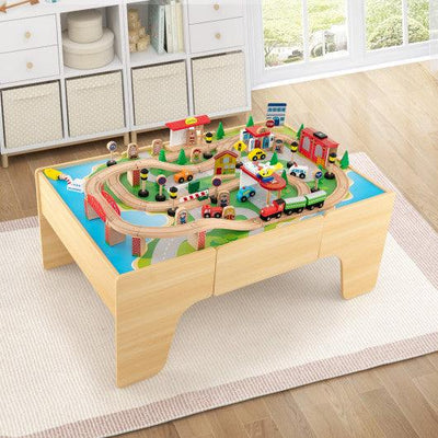84-Piece Wooden Train and Activity Table with Reversible Top for Learning and Play