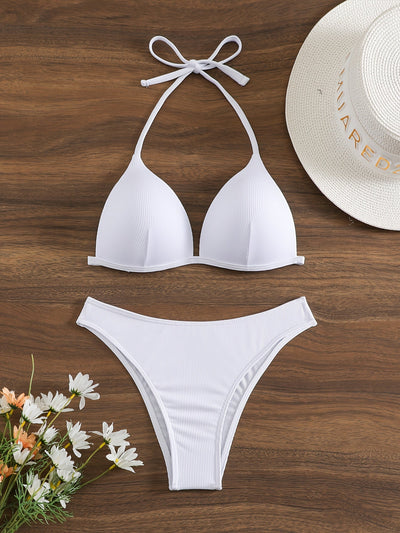 Bikini Rib Knit Solid Color Triangle 2 Piece Swimsuit for Women – Adjustable Tie Back Halter Bikini Set with Spaghetti Straps – High Stretch Polyester Swimwear for Summer Beachwear Poolside Relaxation and Tropical Vacation