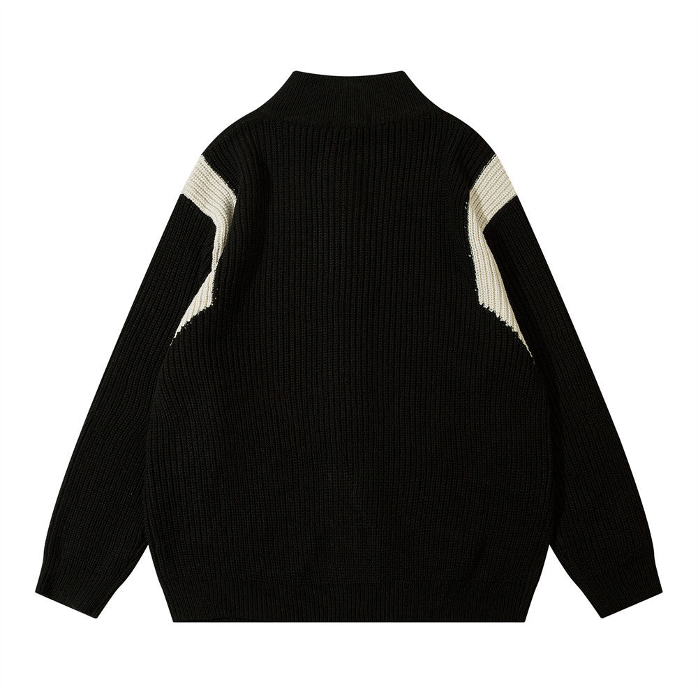 Color Block Zipper Cardigan Sweater Men's Autumn Street Style Stand Collar Long Sleeve Loose Knitwear