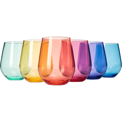 European Style Crystal, Stemless Wine Glasses, Acrylic Glasses Tritan Drinkware, Unbreakable Colored, 6 - Set - Shatterproof BPA-free plastic, Reusable, All Purpose Glassware, 15oz