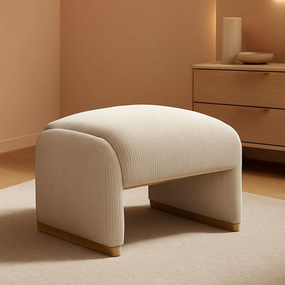 Beige Corduroy Ottoman With Contemporary Wood Legs