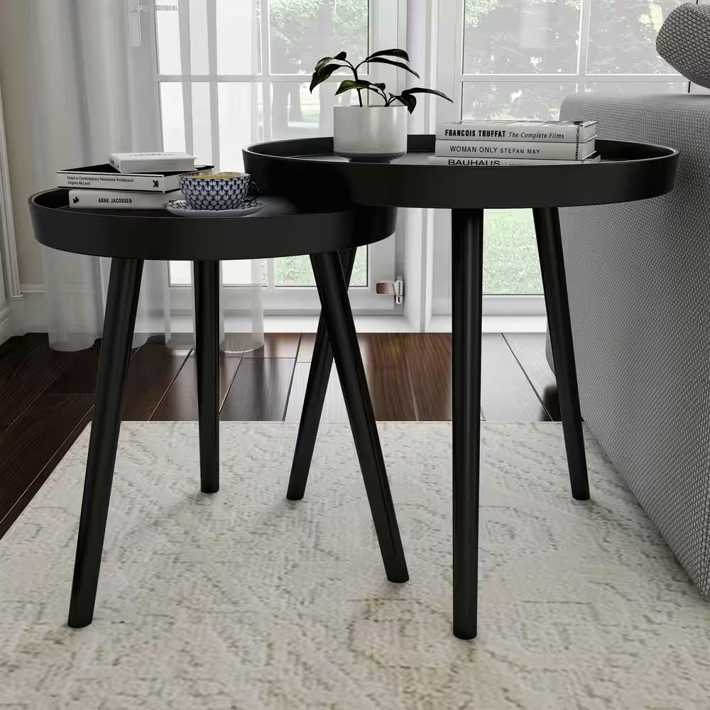 Wooden Nesting round Tray Top Matte Black Side Tables (Set of 2)