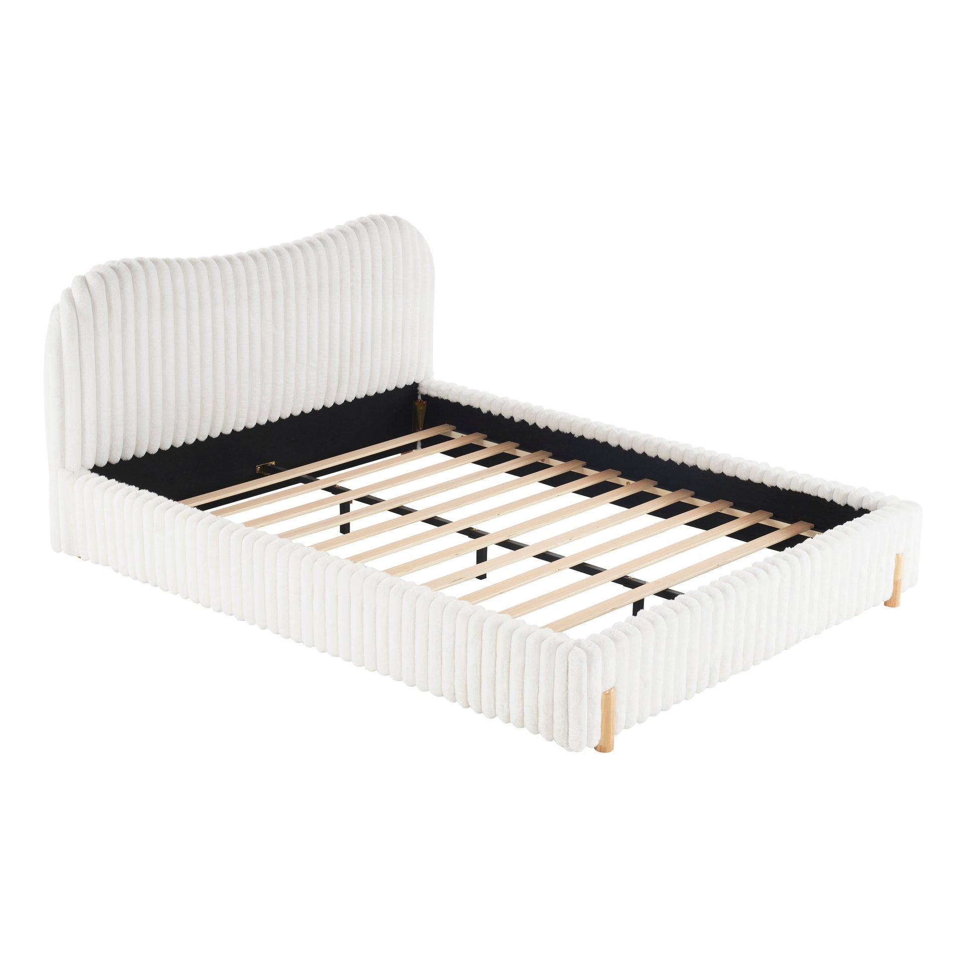 Sleek White Boucle Upholstered Bed with Wavy Headboard & Vertical Stitching, Queen