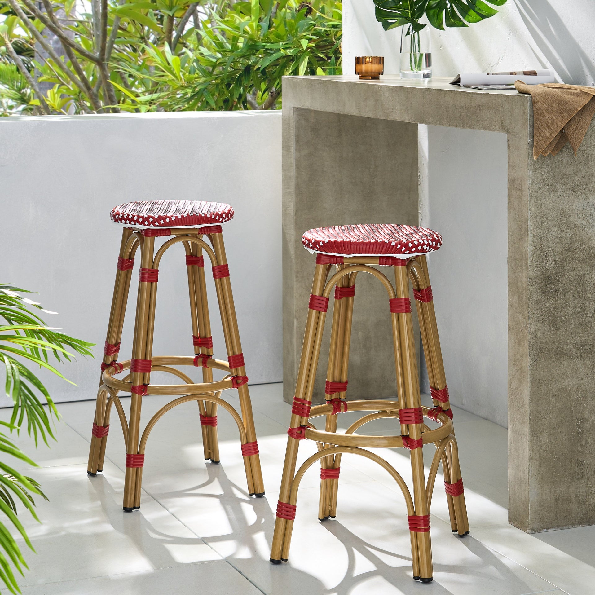 Outdoor PE Ratten and Aluminum 29.5' French Backless Barstools, Set of 2, Red, Bamboo Print Finish