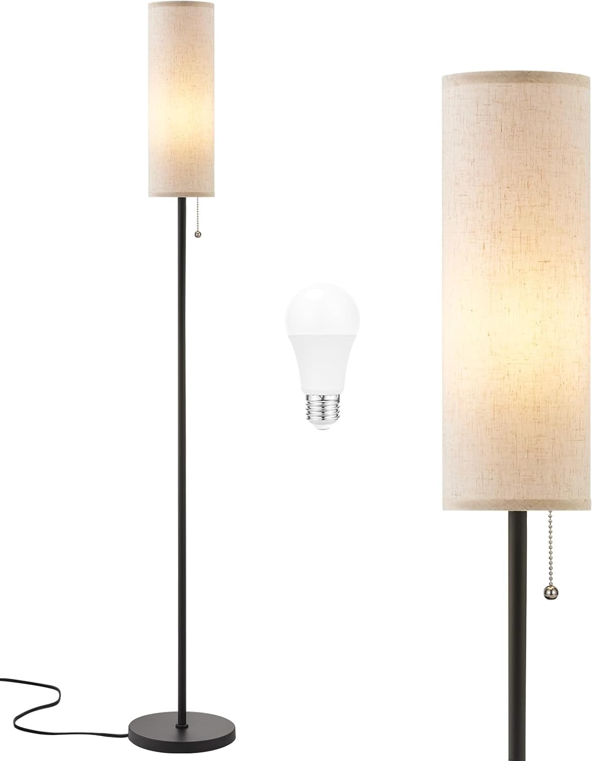 64'' Floor Lamp for Living Room with Bulb - Tall Lamps with Beige Lampshade & Pull Chain Switch, Pole Lamps for Bedrooms Tall, Minimalist Floor Lamp