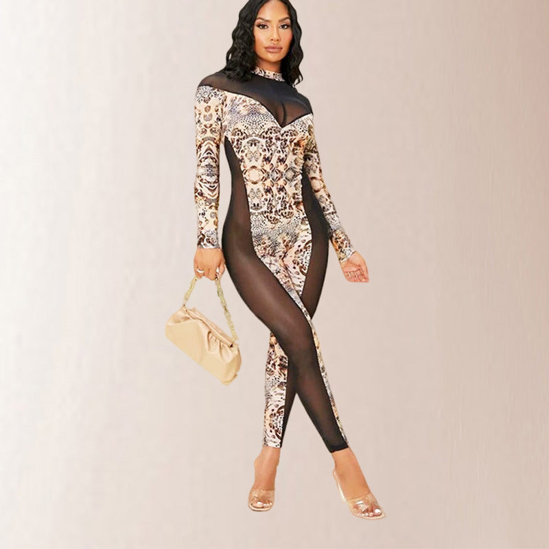 Women's Long Sleeve Spliced Jumpsuit Print Sheer Mesh Slimming Jumpsuit