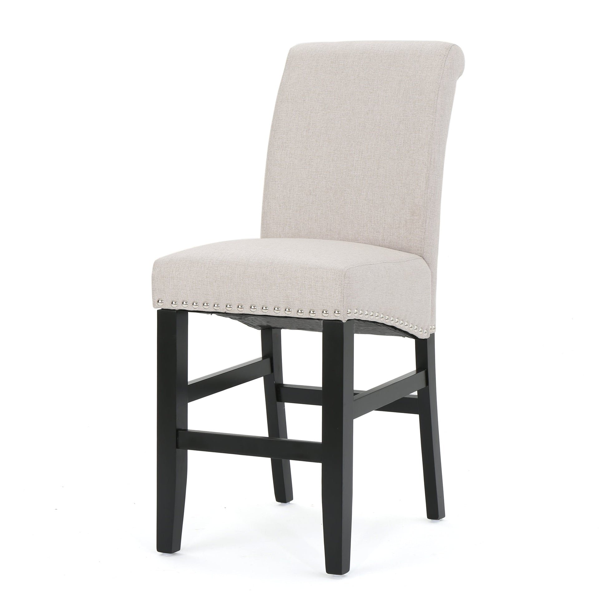 25' Contemporary Upholstered Counter Stools with Nailhead Trim (Set of 2), Wheat/Matte Black, Fabric