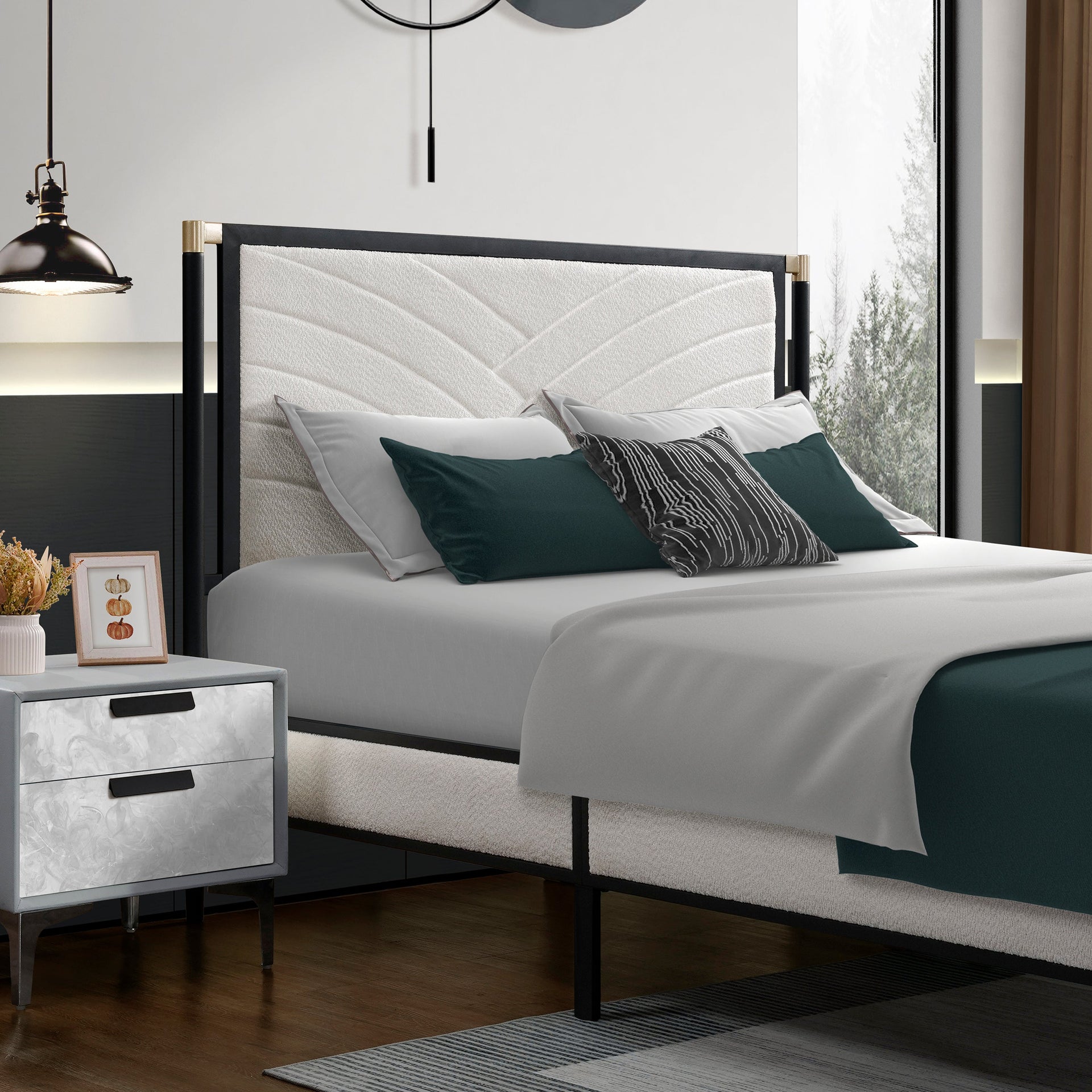Queen Bed with White Boucle fabric Headboard,Champagne Silver+Black Frame