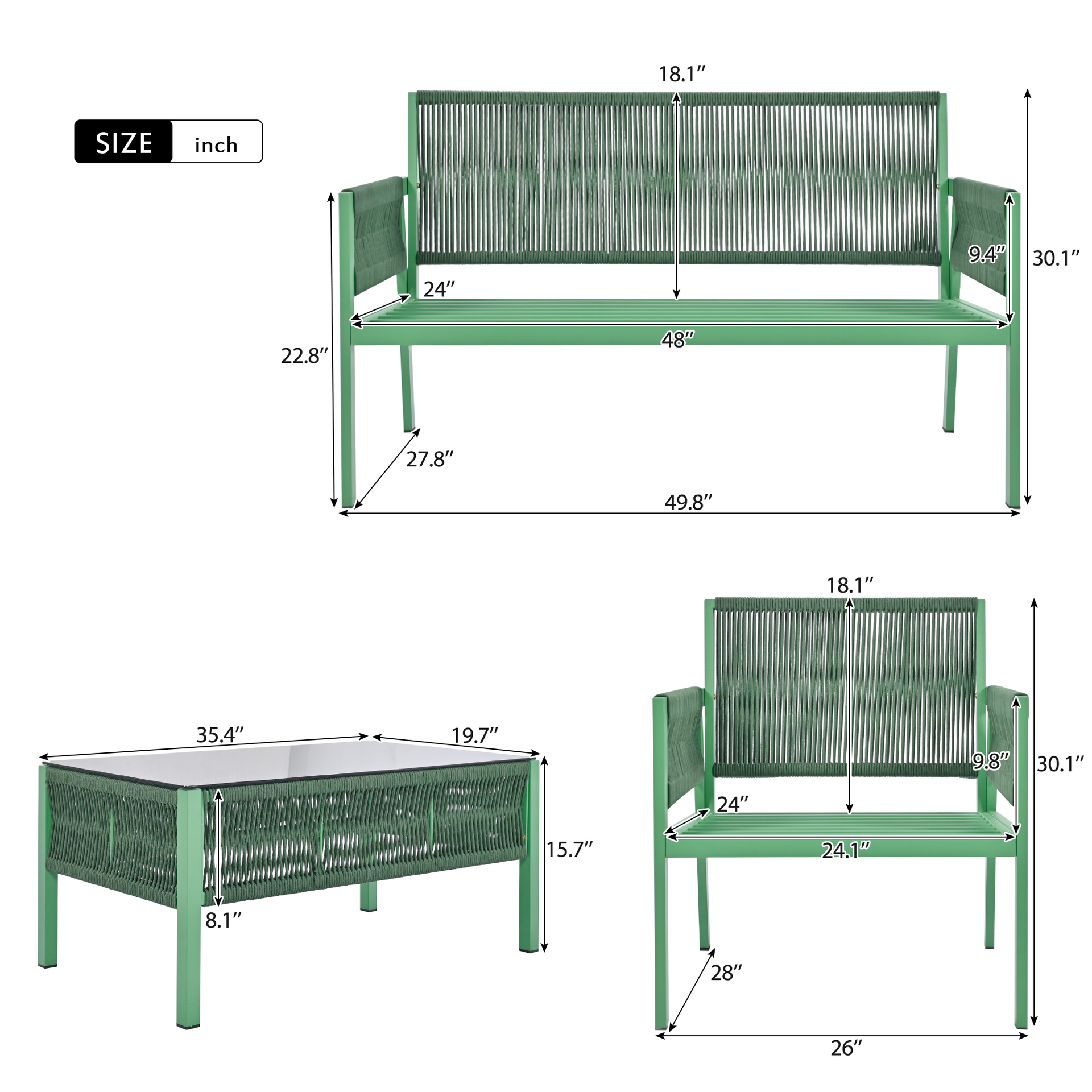 Outdoor Furniture with Tempered Glass Table, Set Deep Seating with Thick Cushion (Fluorescent Yellow & Green)