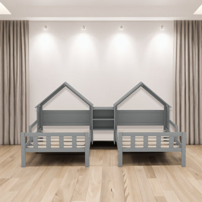 Double Twin Size Platform Bed with House-shaped Headboard and a Built-in Nightstand Grey