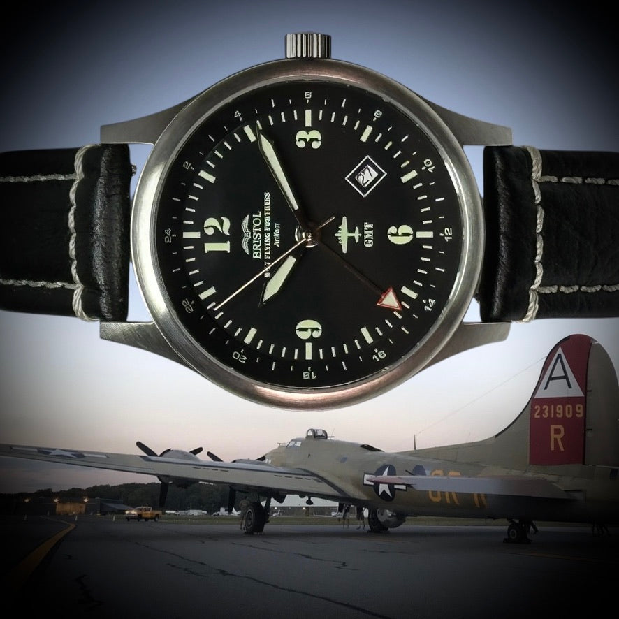 B-17 Tribute - Stainless Steel, Brush Finish, Black Dial, Black Leather Band with Stitching Bristol Watch