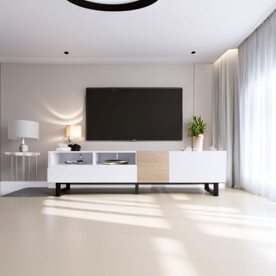 Modern TV Stand for 80'' TV with Double Storage Space Media Console Table Entertainment Center with Drop Down Door