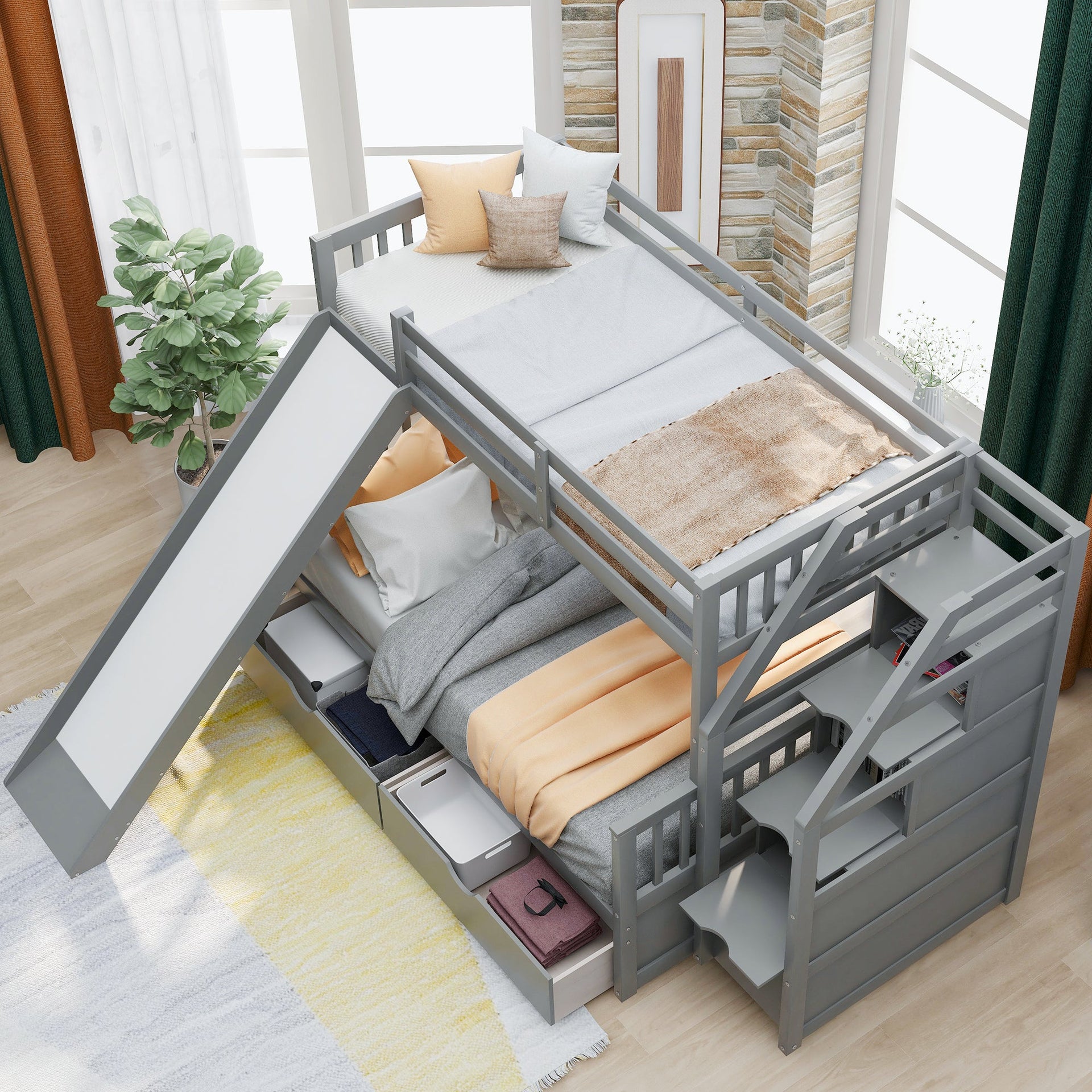 Twin over Full Bunk Bed with Drawers Storage and Slide Multifunction Gray