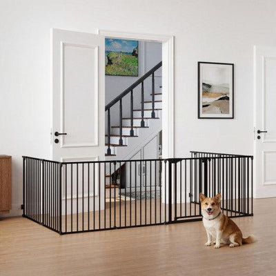8-Panel Extra Wide Baby Gate Adjustable Pet Safety Fence with Auto-close Door-Black