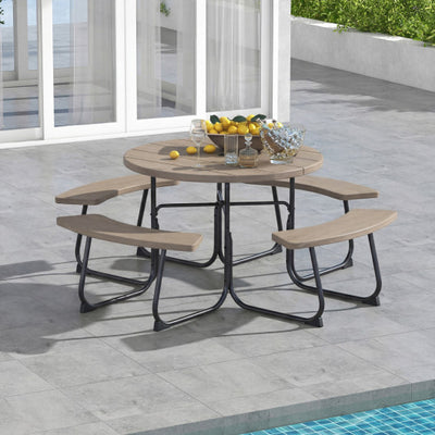 8-Person Outdoor Picnic Table and Bench Set with Umbrella Hole-Rustic Brown