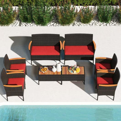 8 Piece Patio Wicker Sofa Set 4 Rattan Chairs and 2 Loveseat with 2 Table-Red