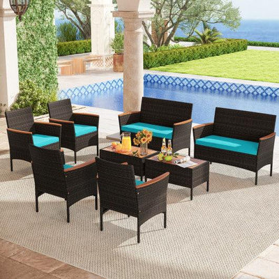 8 Piece Patio Wicker Sofa Set 4 Rattan Chairs and 2 Loveseat with 2 Table-Turquoise