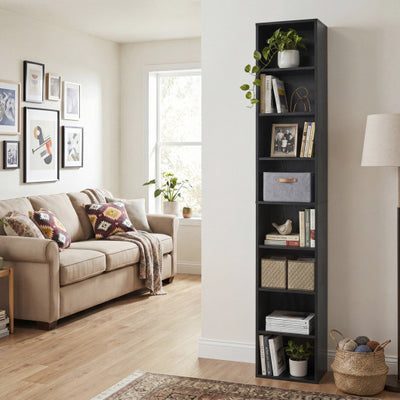 8-Tier Narrow Bookshelf with 4 Adjustable Shelves and Storage Cubes-Black