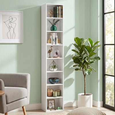 8-Tier Narrow Bookshelf with 4 Adjustable Shelves and Storage Cubes-White