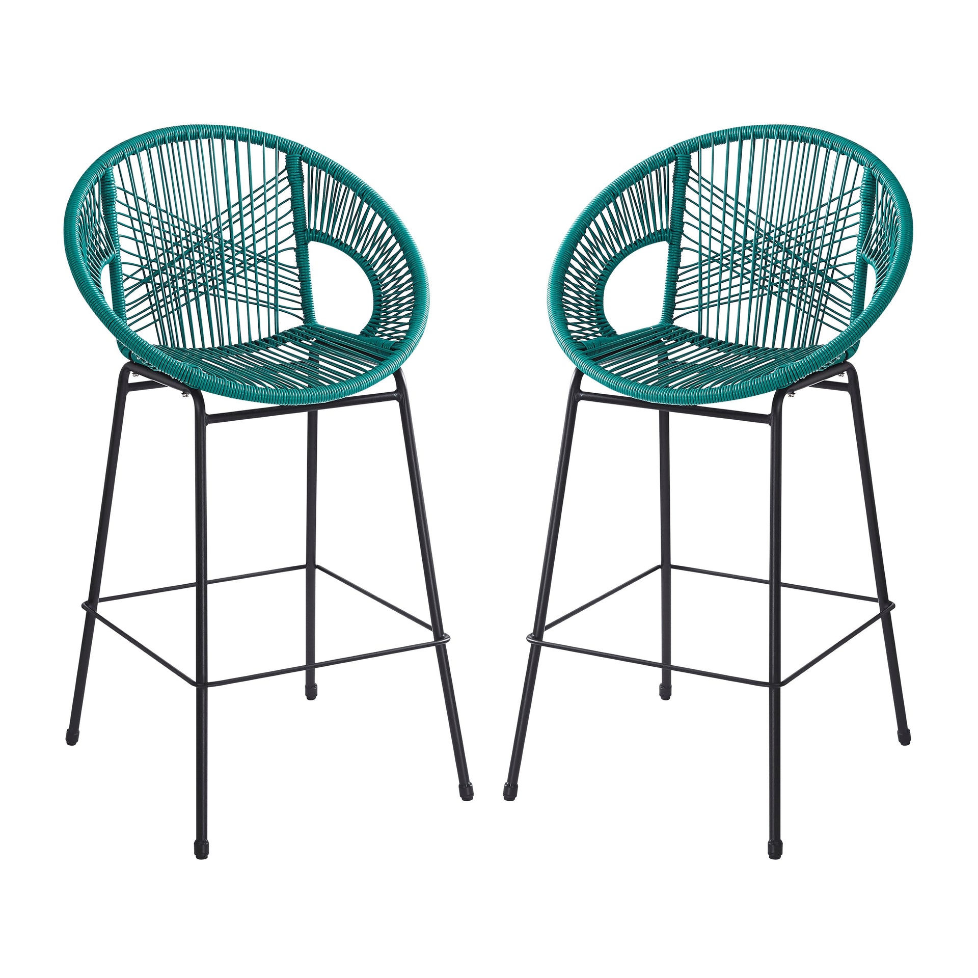 Ferrara Outdoor Patio Teal Faux Wicker Barstool Set, Durable PE Material, Ergonomic Design, Teal Wicker with Black Frame