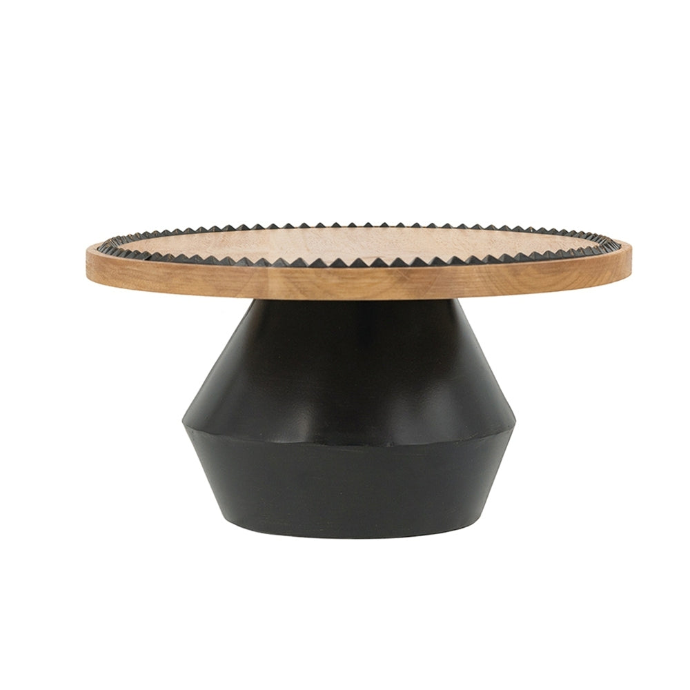 12x12x6' Round Wooden Pedestal Tray with Black Detailing and Sculptural Stand