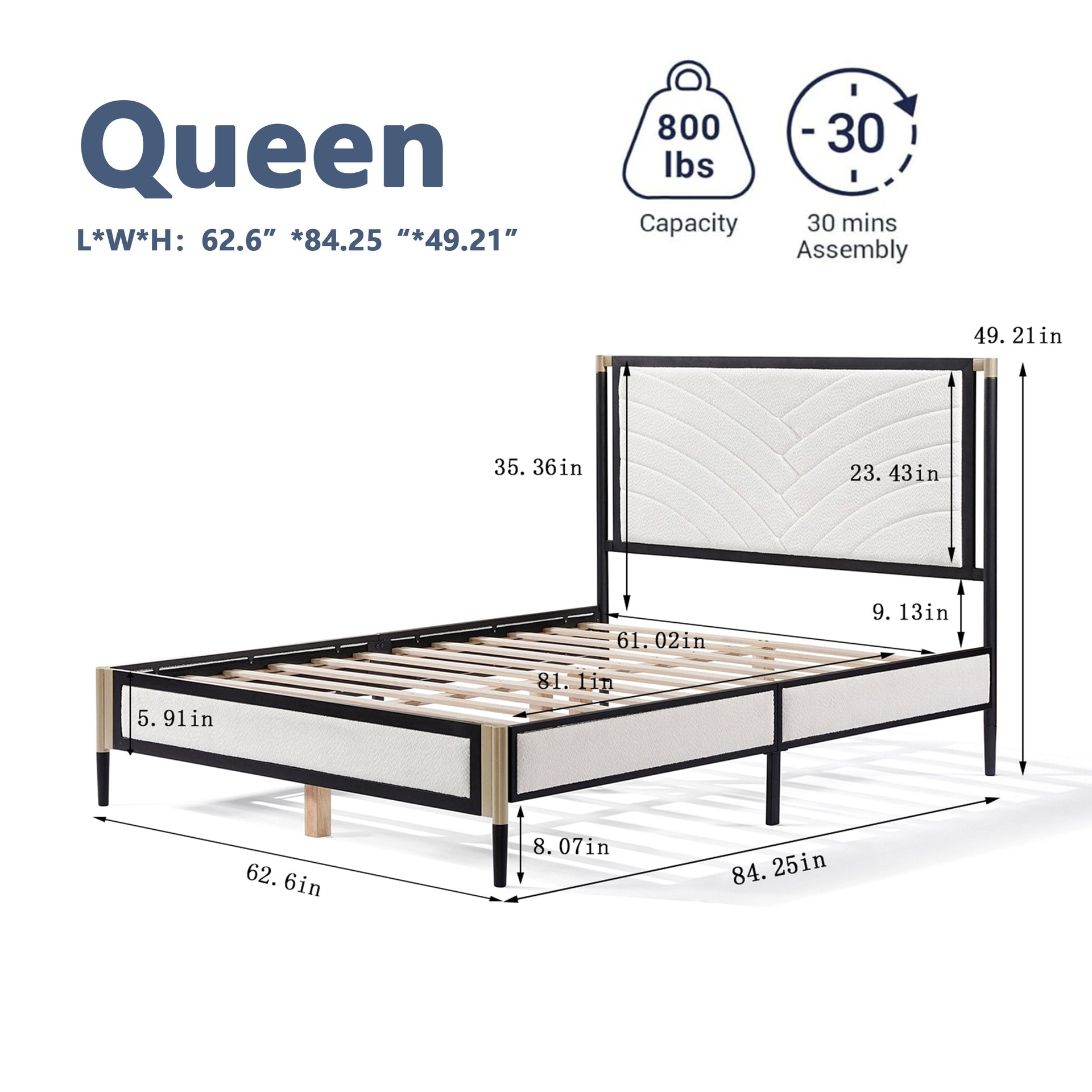 Queen Bed with White Boucle fabric Headboard,Champagne Silver+Black Frame