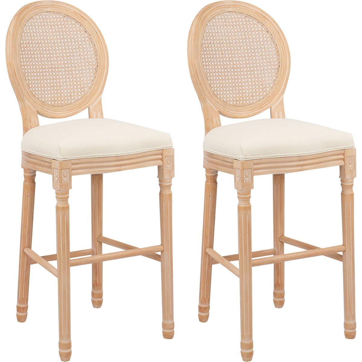 Hengming French Country Wooden Barstools Rattan Back With Upholstered Seating , Beige and Natural