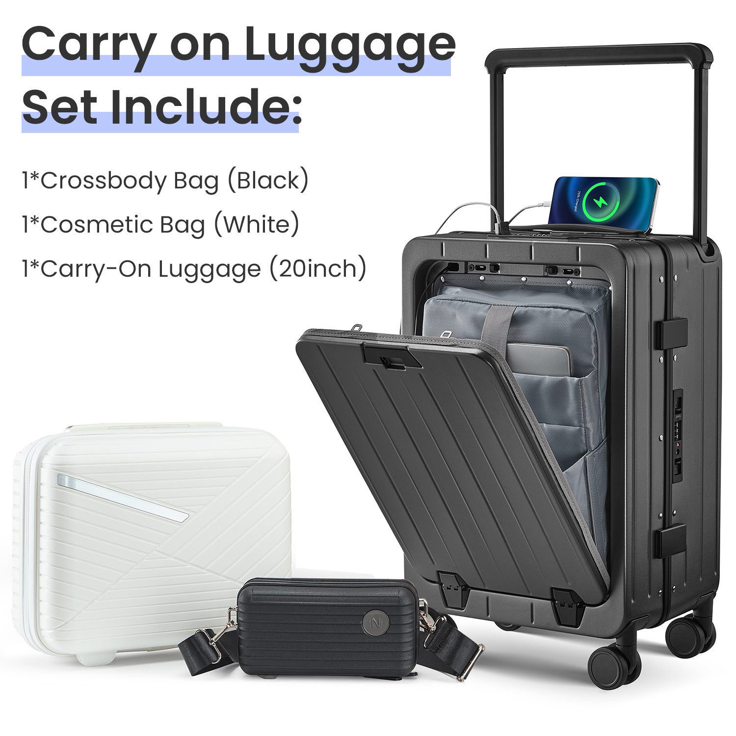 Aluminum Frame 20 Inch with Front Open Carry-on Luggage, PC Hard Shell Suitcase, Bounce Wide Handle Pull Rod Luggage with 360°Double Wheels, Built-In TSA Lock, Airline Approved Suitcase for Business