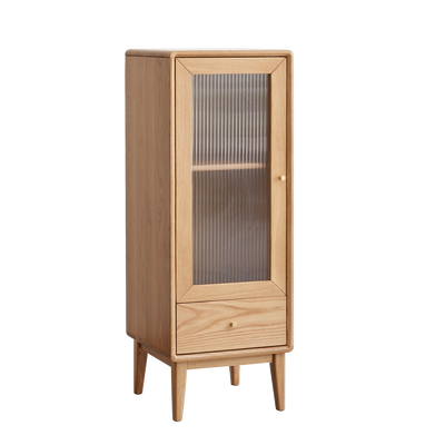 Solid Oak Storage Cabinet with Vintage Glass Door and Brass Handle, 2 Shelves, 1 Drawer - Free-Standing Corner Design for Living Room