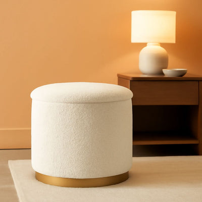 Round White Storage Space Ottoman Gold Plated Base Frame