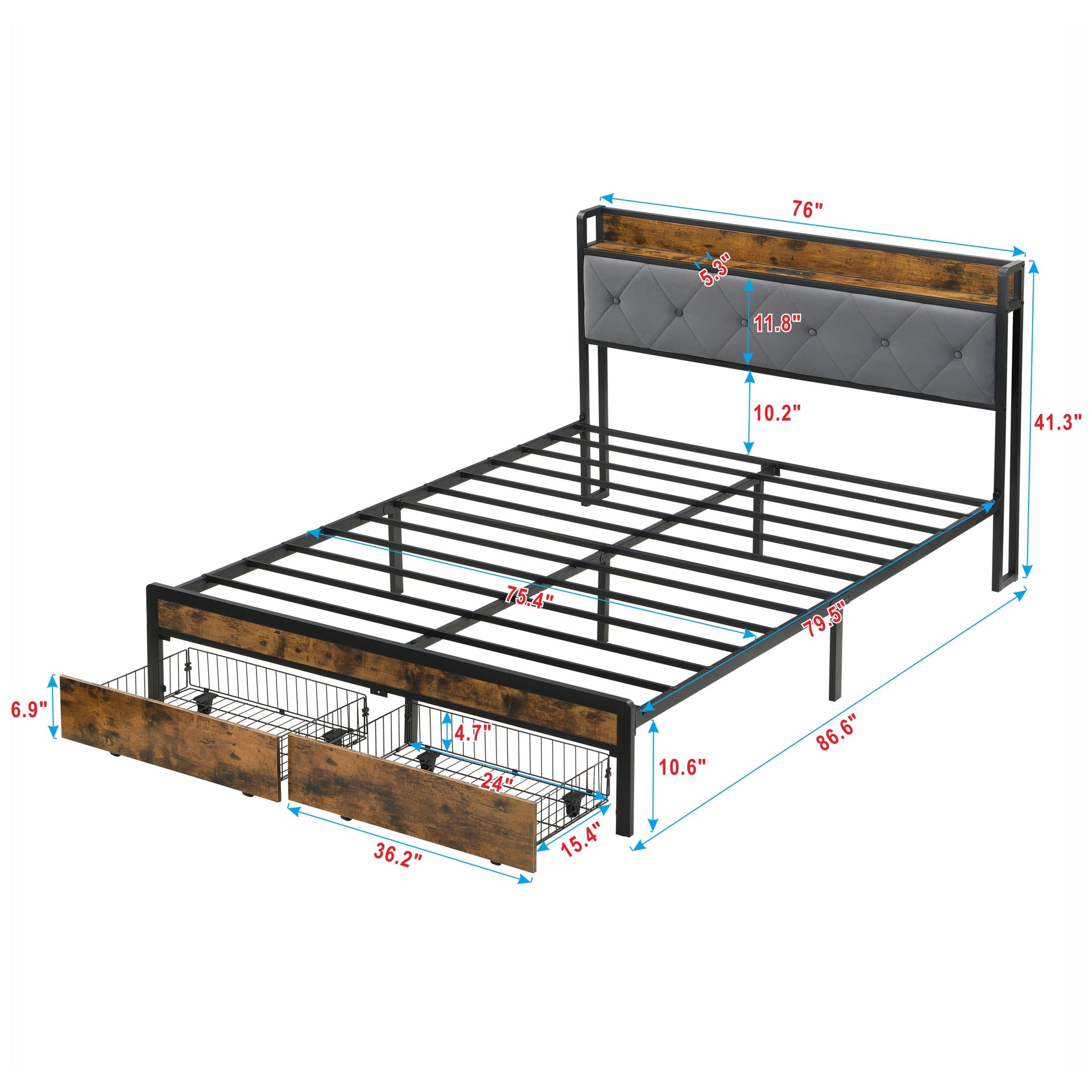 Modern King Bed Frame with Storage & LED Lights, Upholstered Headboard, USB Charging Station, Easy Assembly, Grey