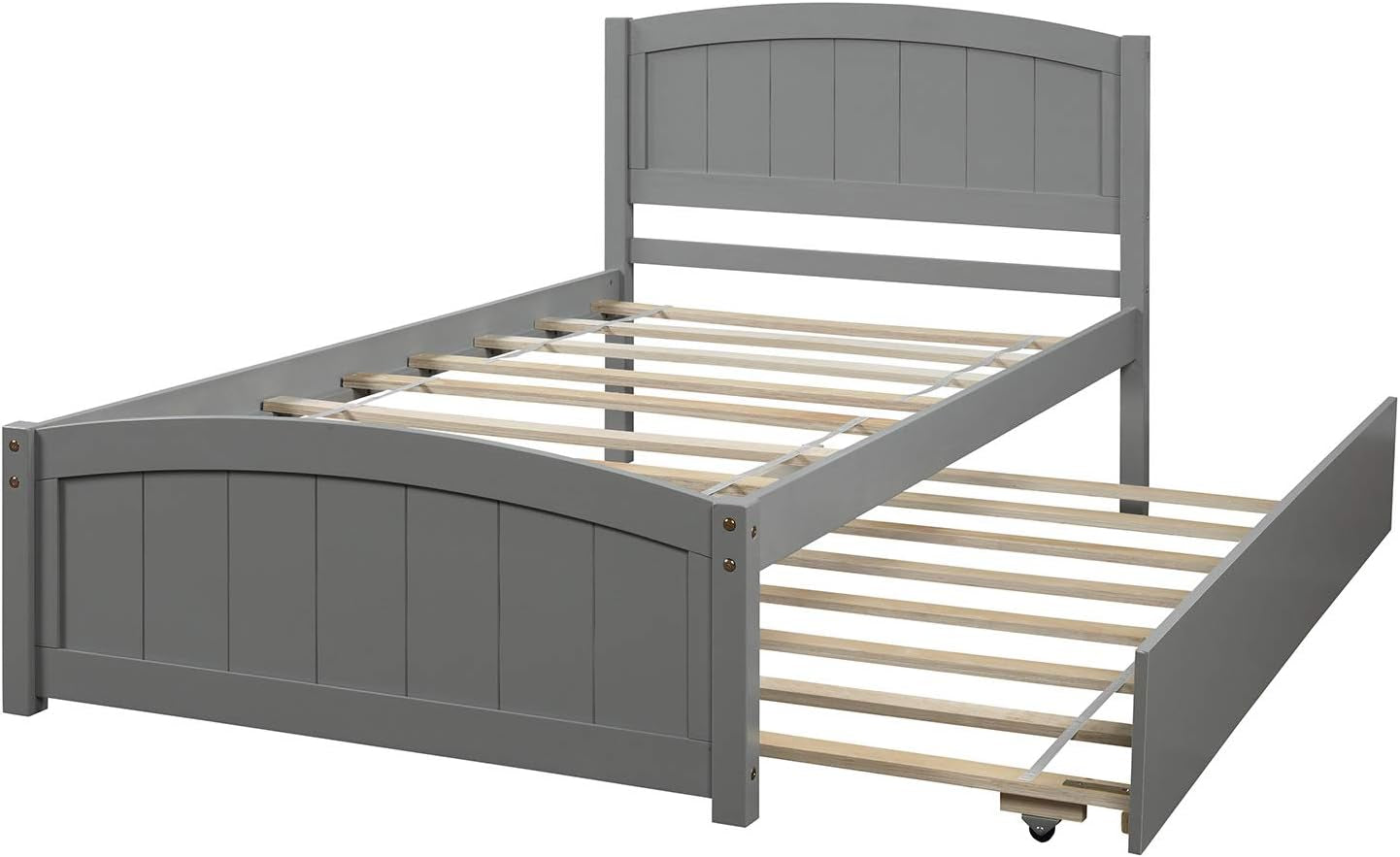 Twin Bed Frame, Wood Platform Bed with Trundle, Headboard, Footboard and Wood Slat Support, Grey