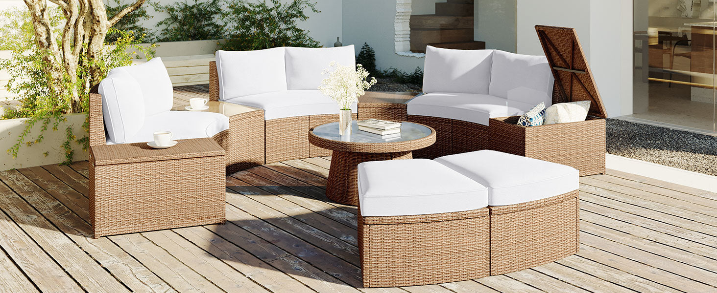 10-Piece Outdoor Sectional Half Round Patio Rattan Sofa Set, PE Wicker Conversation Furniture Set for Free Combination, White