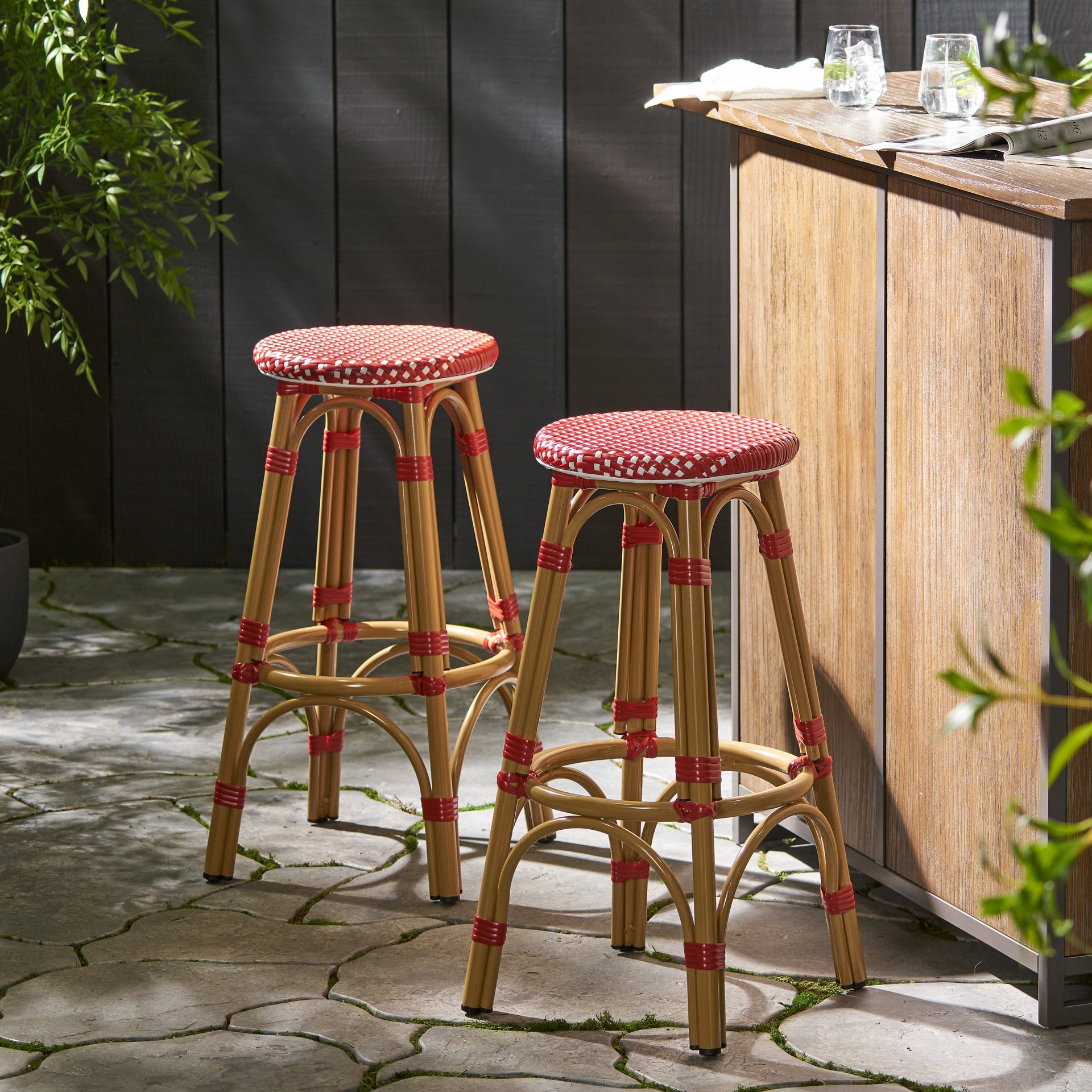 Outdoor PE Ratten and Aluminum 29.5' French Backless Barstools, Set of 2, Red, Bamboo Print Finish