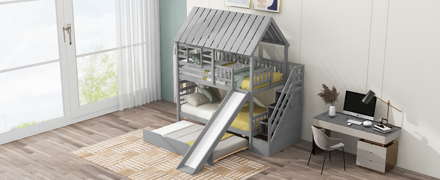 Twin over Twin House Bunk Bed with Trundle and Slide Storage Staircase, Roof and Window Design Gray