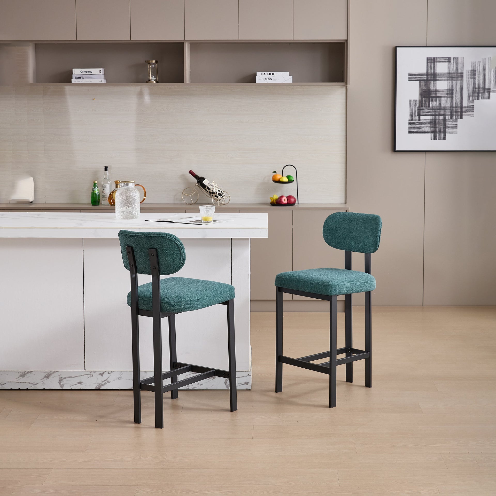 Bar Stools Set of 2, 26 inch Modern Upholstered Fabric Counter Height Barstools, Kitchen Island Chairs with Black Metal Legs for Dining Room/Kitchen Island/Bar