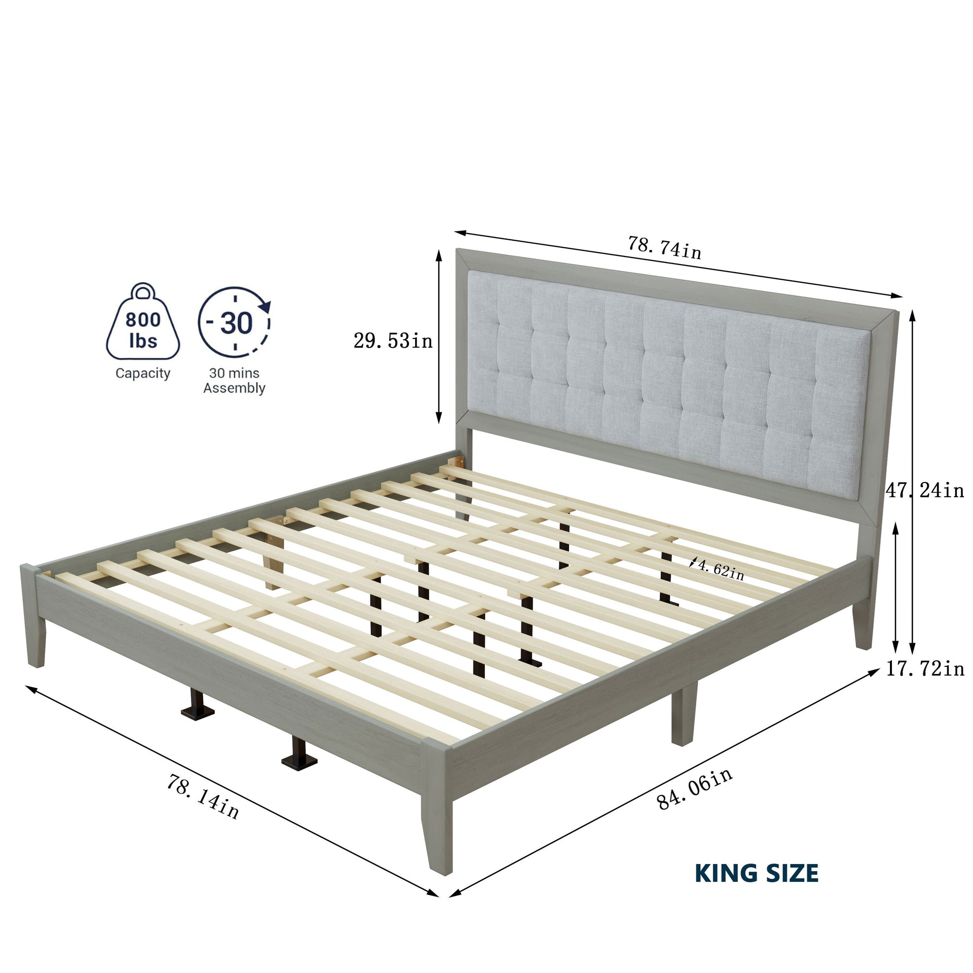 Mid-Century Solid Wood Platform Bed with Upholstered Headboard in Grey Fabric, King Size