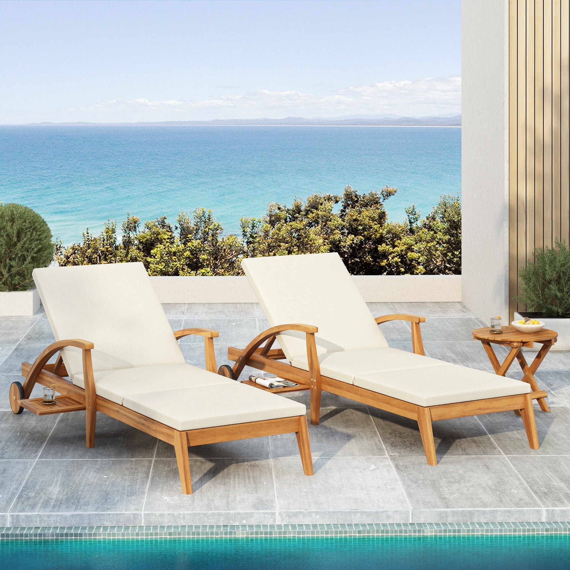 Versatile Chaise Lounge with Wheels - Acacia Wood Recliner for Patio, Cream Cushion, Adjustable Backrest