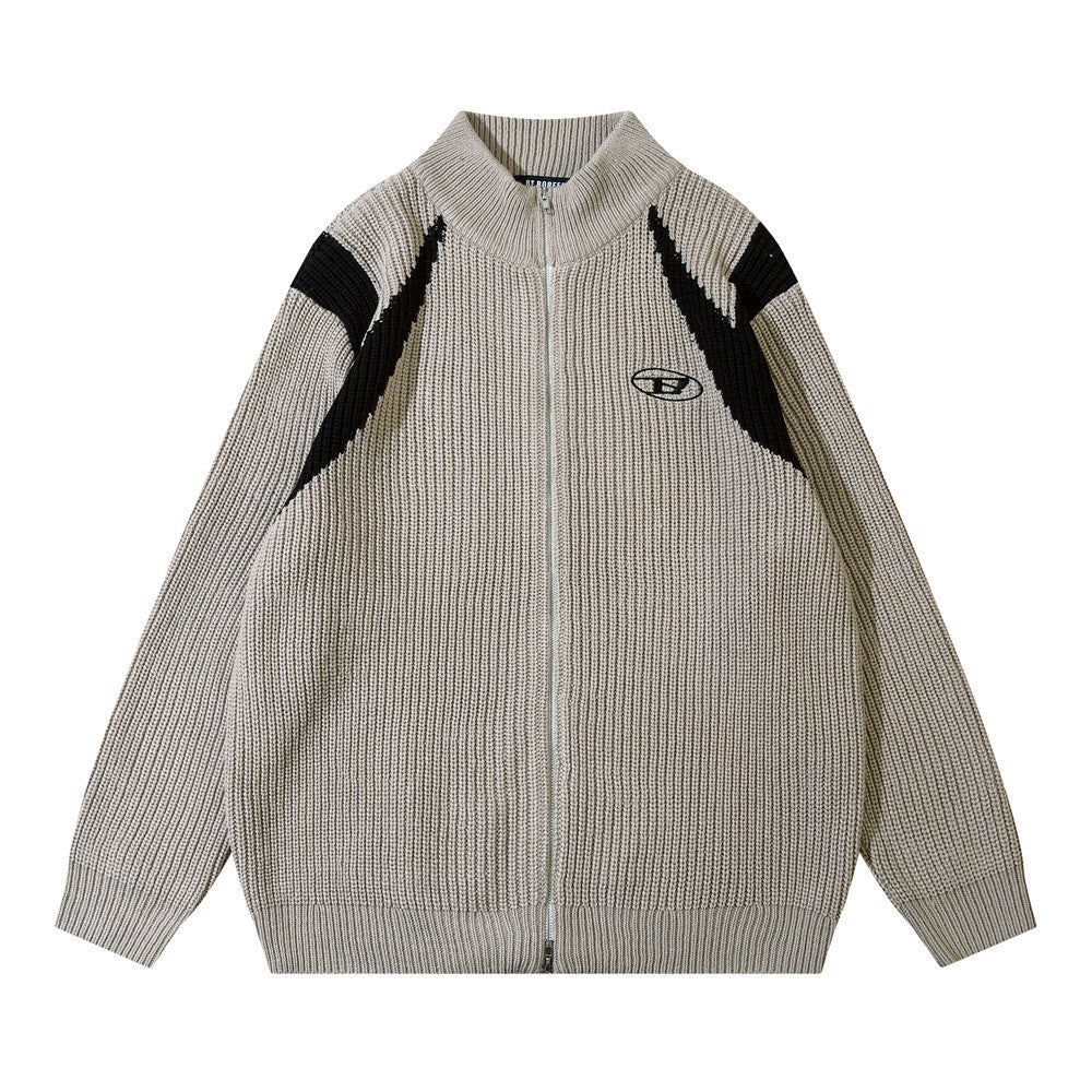 Color Block Zipper Cardigan Sweater Men's Autumn Street Style Stand Collar Long Sleeve Loose Knitwear