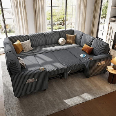 LINSY HOME Sectional Sleeper Sofa with Pull Out Couch Bed - Convertible Plush Corduroy Cloud Couch with Storage Chaise & USB Charging, Comfy Modular Couches for Living Room, Grey