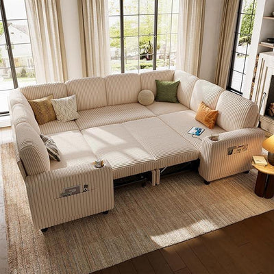 LINSY HOME Sectional Sleeper Sofa with Pull Out Couch Bed - Convertible Plush Corduroy Cloud Couch with Storage Chaise & USB Charging, Comfy Modular Couches for Living Room, Beige