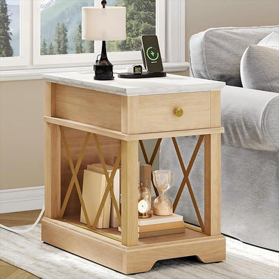 YITAHOME Farmhouse End Table, Side Table with Power Outlets, Nightstand with Drawer and Open Storage, Rustic End Table for Living Room, Sleeping Room, Natural Walnut