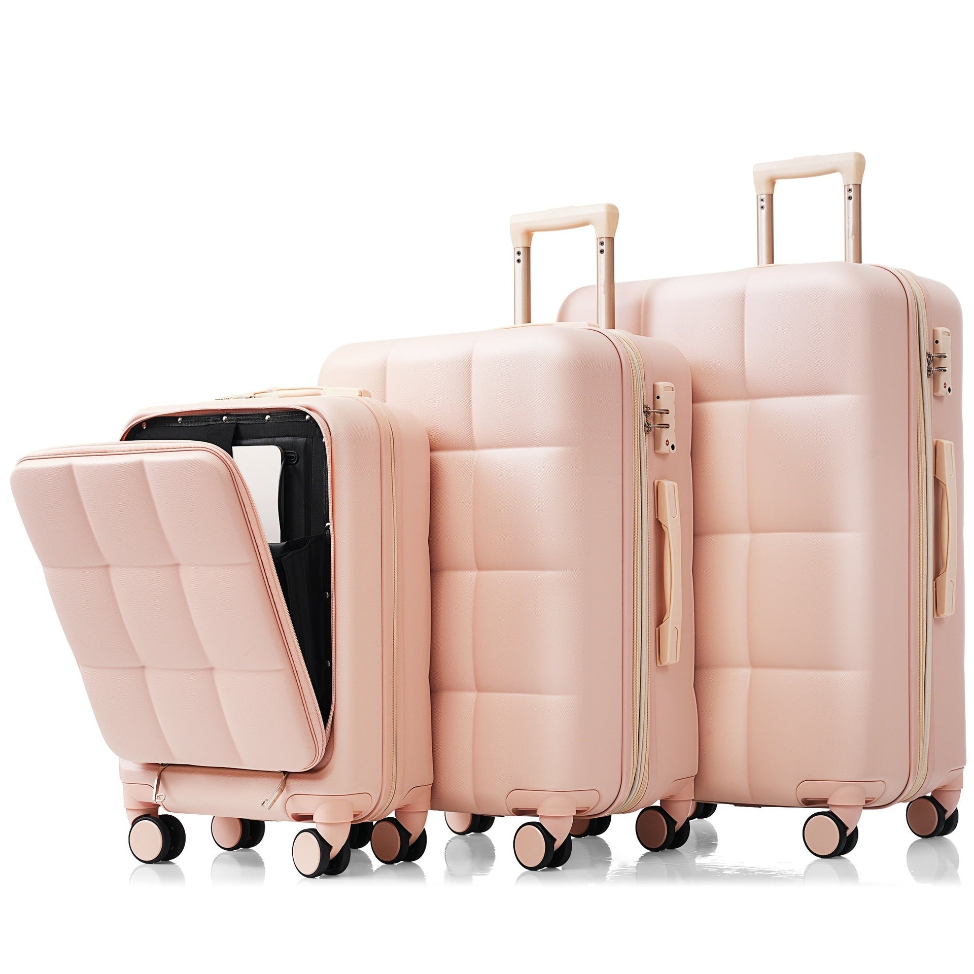 Luggage Sets 3 Piece, 20-inch with USB Port and front opening design, ABS Hard Shell Luggage with Spinner Wheels, Cup Holder, pink